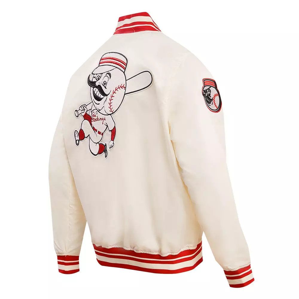 Pro Standard Men's MLB Cincinnati Reds Retro Classic Rib Satin Jacket - Eggshell/Red - EGGSHELL/RED
