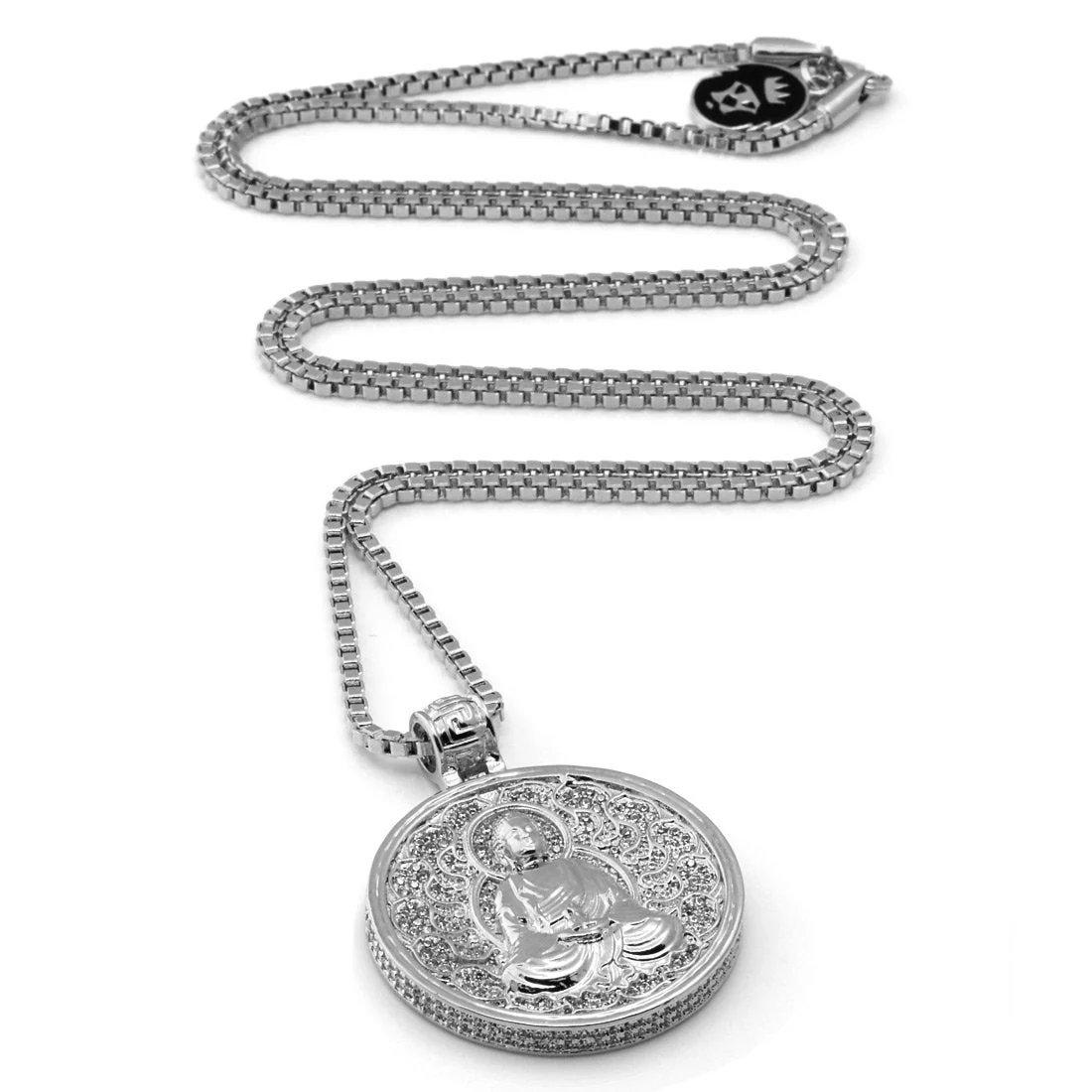 King Ice Buddhist Medallion Necklace - White Gold - WHITE GOLD
