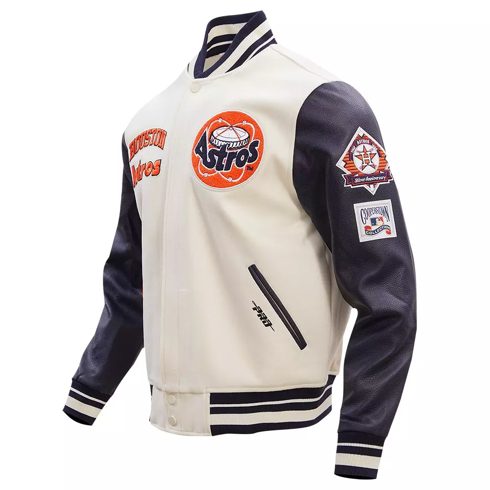 Pro Standard Men's MLB Houston Astros Retro Classic Rib Wool Varsity Jacket -Eggshell/Navy - EGGSHELL/NAVY