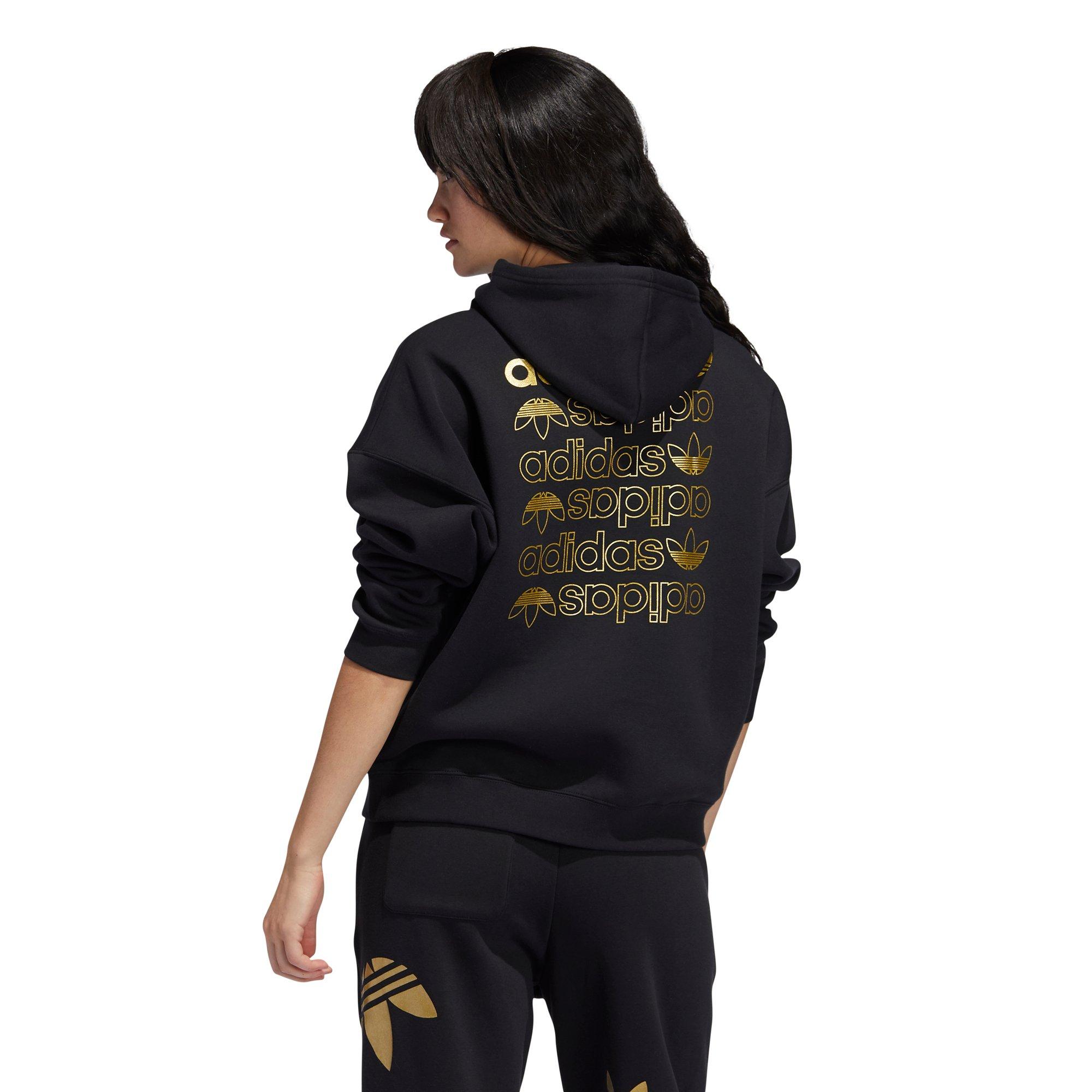 black adidas hoodie with gold logo