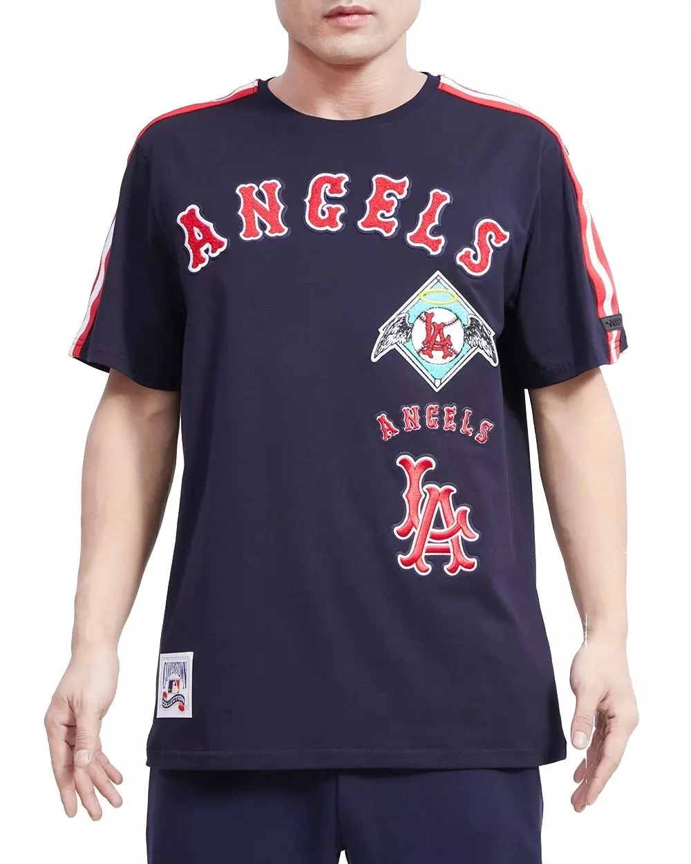 Pro Standard Men's MLB Los Angeles Angels Retro Classic Single Jersey Striped Tee -Navy/Red - NAVY/RED