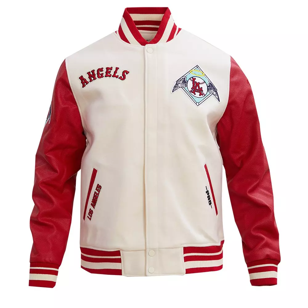 Pro Standard Men's MLB Los Angeles Angels Retro Classic Rib Wool Varsity Jacket -Eggshell/Red - EGGSHELL/RED