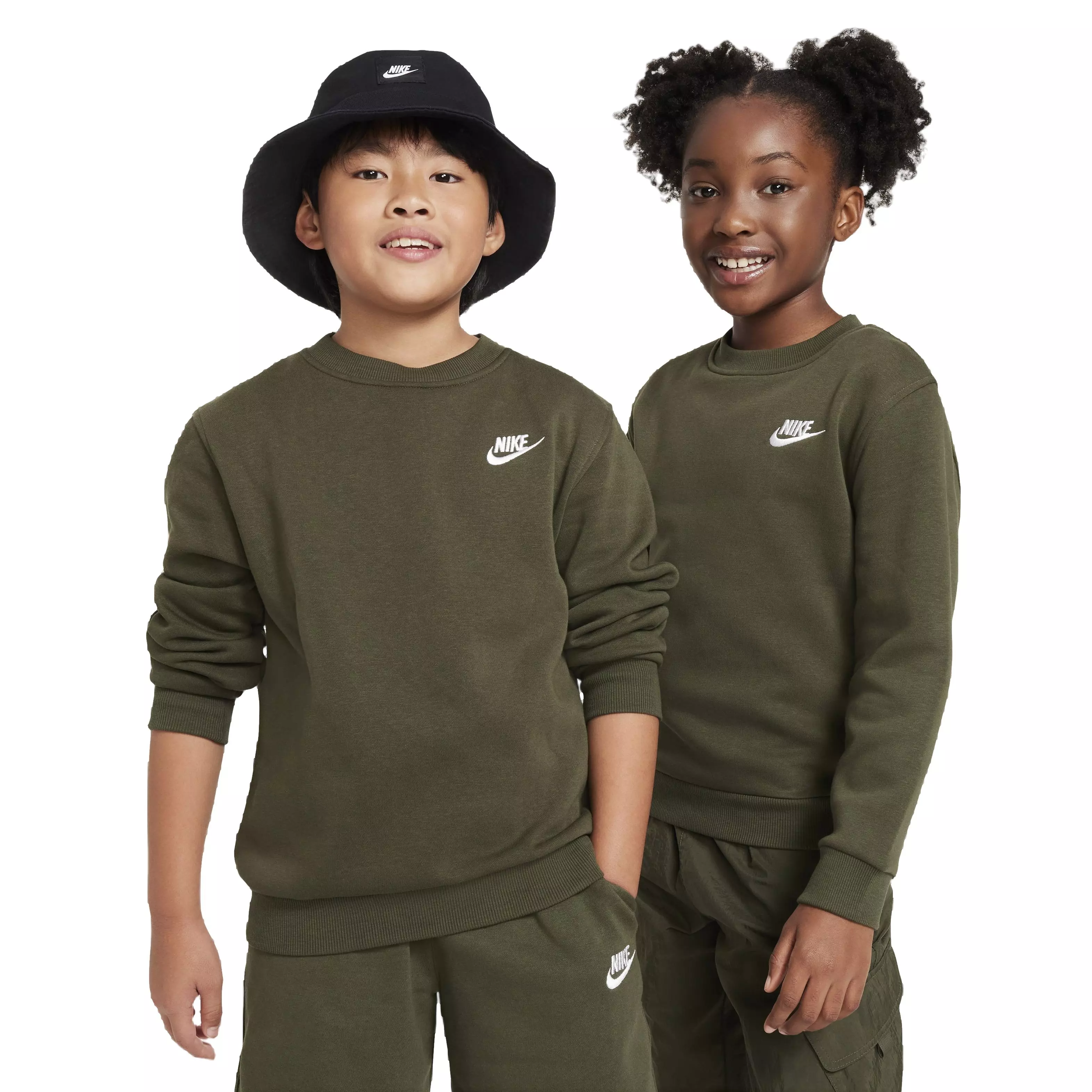 Nike Big Kids' Sportswear Club Fleece LBR Crew LS Sweatshirt -Cargo Khaki - CARGO KHAKI