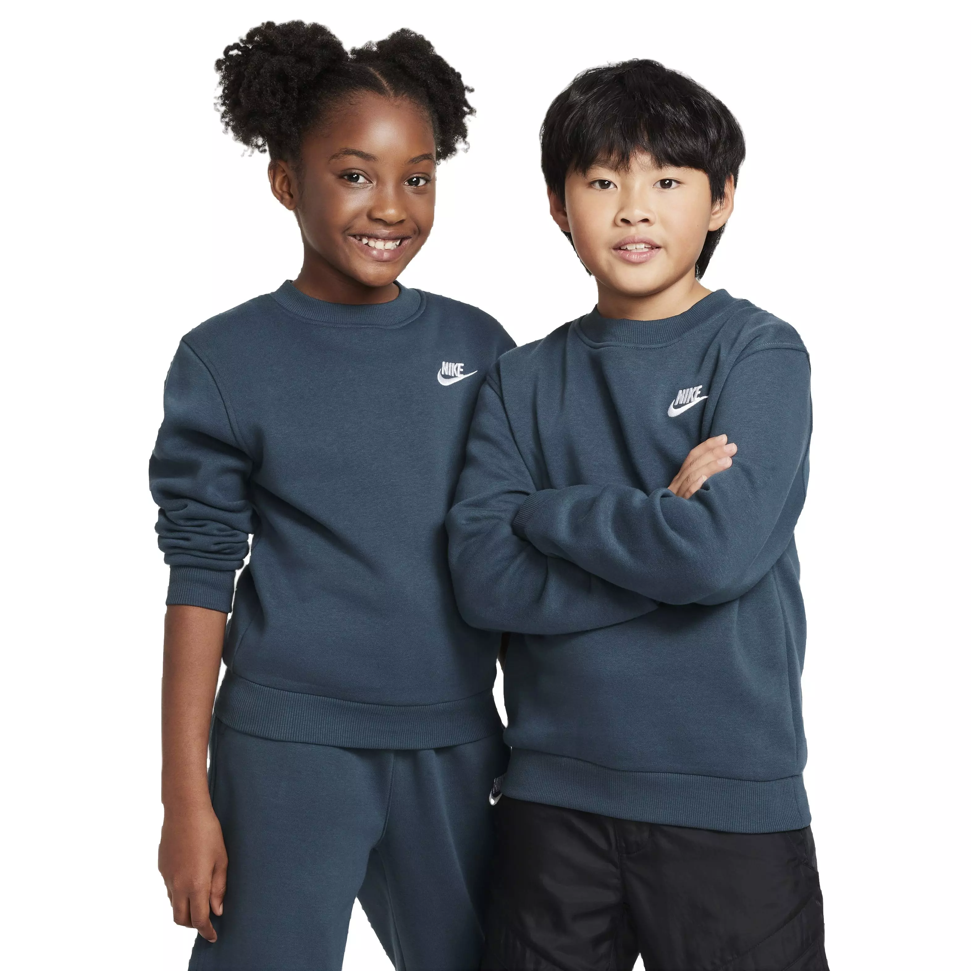 Nike Big Kids' Sportswear Club Fleece LBR Crew LS Sweatshirt -Teal Green - TEAL GREEN