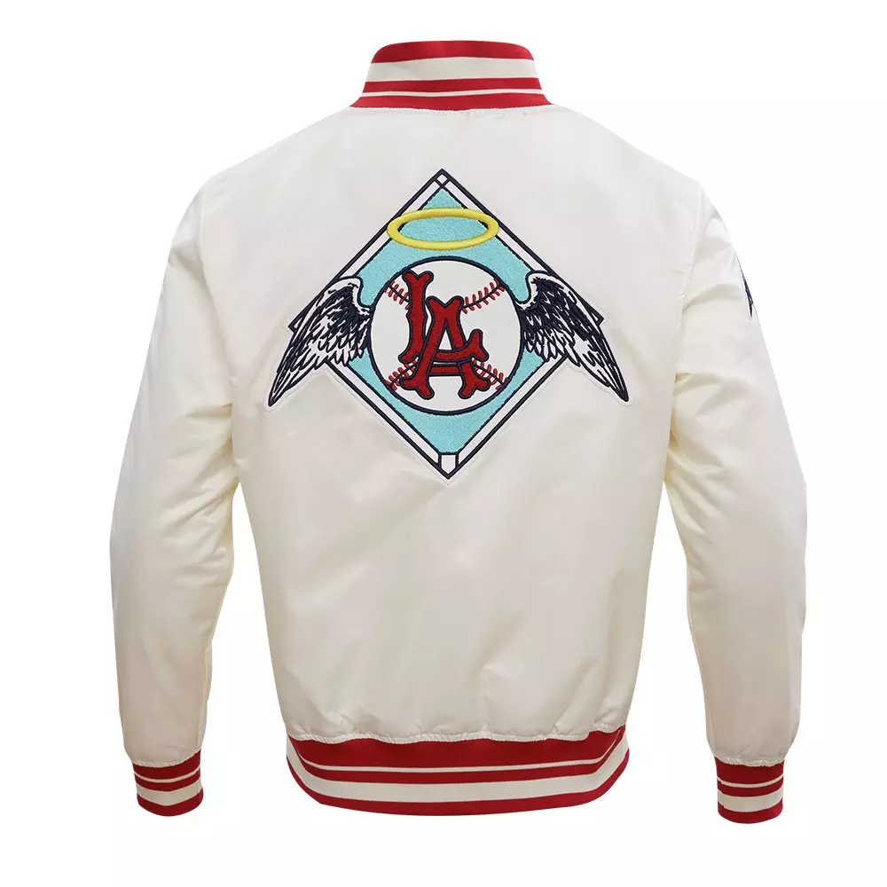 Pro Standard Men's MLB Los Angeles Angels Retro Classic Rib Satin Jacket -Eggshel/Red - EGGSHELL/RED