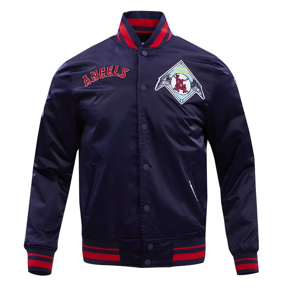 Pro Standard Men's MLB Los Angeles Angels Retro Classic Rib Satin Jacket -Navy/Red - NAVY/RED