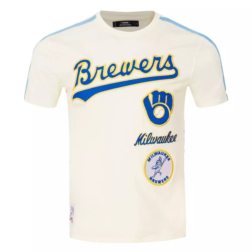 Pro Standard Men's MLB Milwaukee Brewers Retro Classic Single Jersey Striped Tee - Eggshell/Blue - EGGSHELL/BLUE