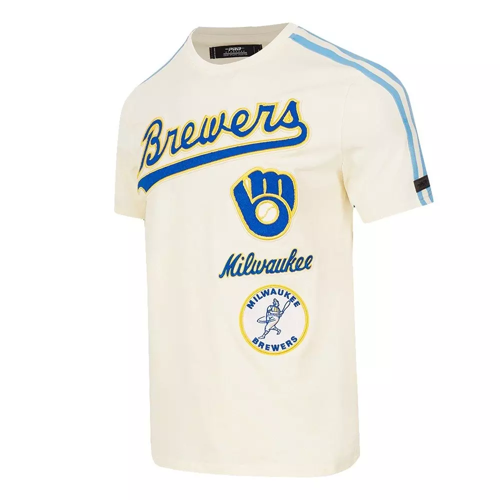 Pro Standard Men's MLB Milwaukee Brewers Retro Classic Single Jersey Striped Tee -Eggshell/Blue - EGGSHELL/BLUE
