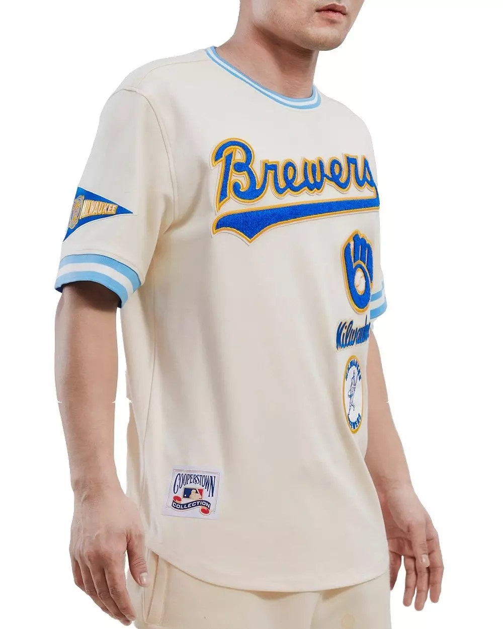 Pro Standard Men's MLB Milwaukee Brewers Retro Classic Double Knit Tee - Eggshell/Blue - EGGSHELL/BLUE