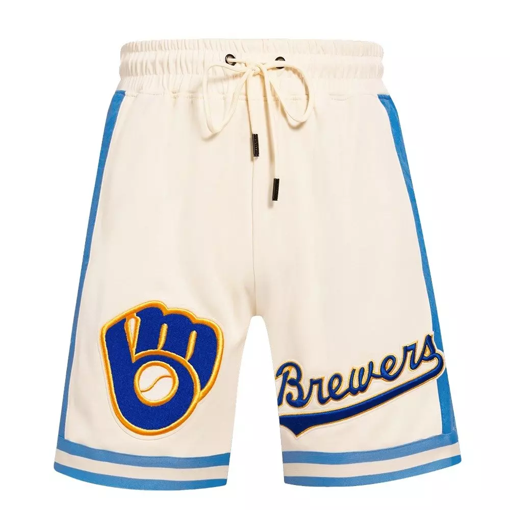 Pro Standard Men's MLB Milwaukee Brewers Retro Classic Double-Knit 2.0 Shorts -Eggshell/Blue - EGGSHELL/BLUE