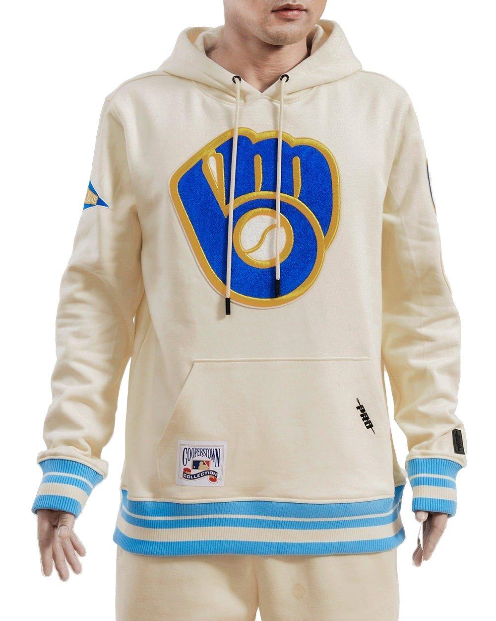 Pro Standard Men's MLB Milwaukee Brewers Retro Classic Fleece Pullover Hoodie -Eggshell/Blue - EGGSHELL/BLUE Thumbnail View 1