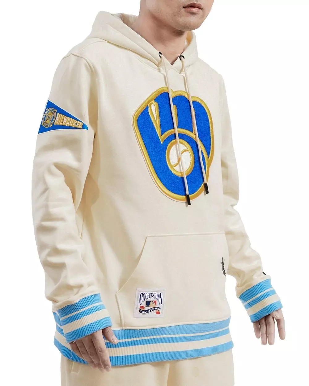 Pro Standard Men's MLB Milwaukee Brewers Retro Classic Fleece Pullover Hoodie -Eggshell/Blue - EGGSHELL/BLUE