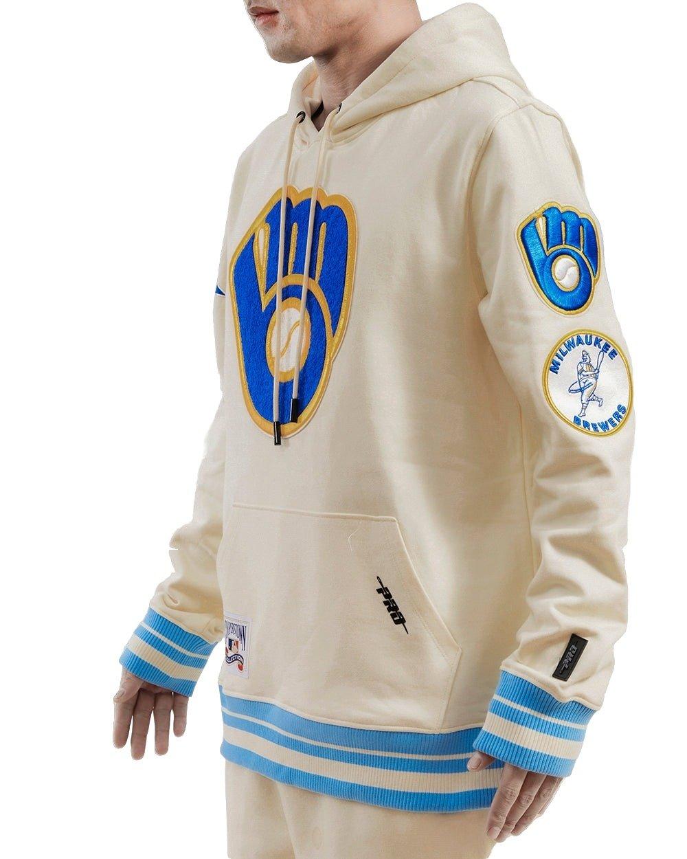 Pro Standard Men's MLB Milwaukee Brewers Retro Classic Fleece Pullover Hoodie - Eggshell/Blue - EGGSHELL/BLUE Thumbnail View 4
