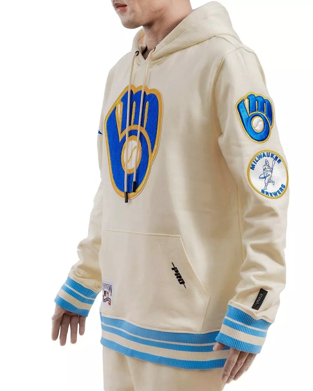 Pro Standard Men's MLB Milwaukee Brewers Retro Classic Fleece Pullover Hoodie - Eggshell/Blue - EGGSHELL/BLUE