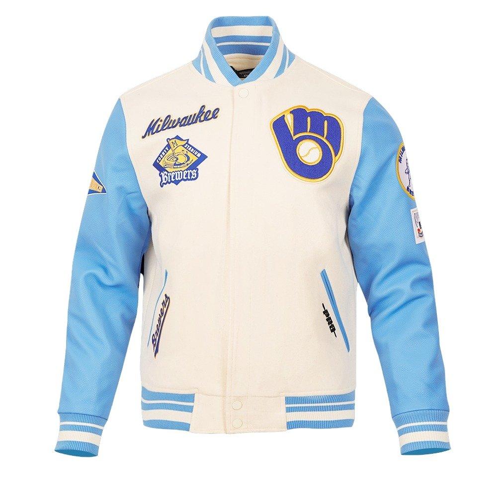 Pro Standard Men's MLB Milwaukee Brewers Retro Classic Rib Wool Varsity Jacket -Eggshell/Blue - EGGSHELL/BLUE Thumbnail View 1