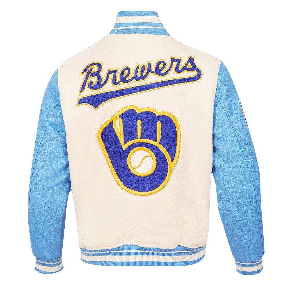 Pro Standard Men's MLB Milwaukee Brewers Retro Classic Rib Wool Varsity Jacket -Eggshell/Blue - EGGSHELL/BLUE Thumbnail View 2