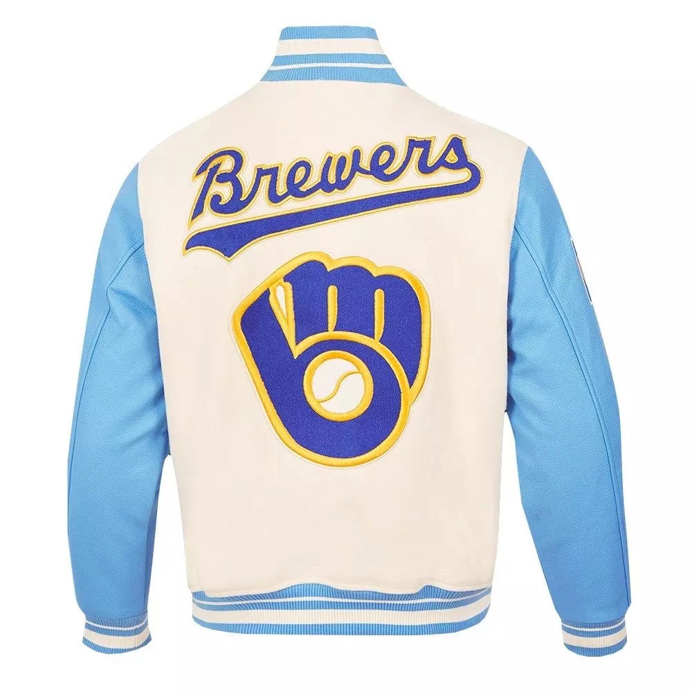 Pro Standard Men's MLB Milwaukee Brewers Retro Classic Rib Wool Varsity Jacket -Eggshell/Blue - EGGSHELL/BLUE