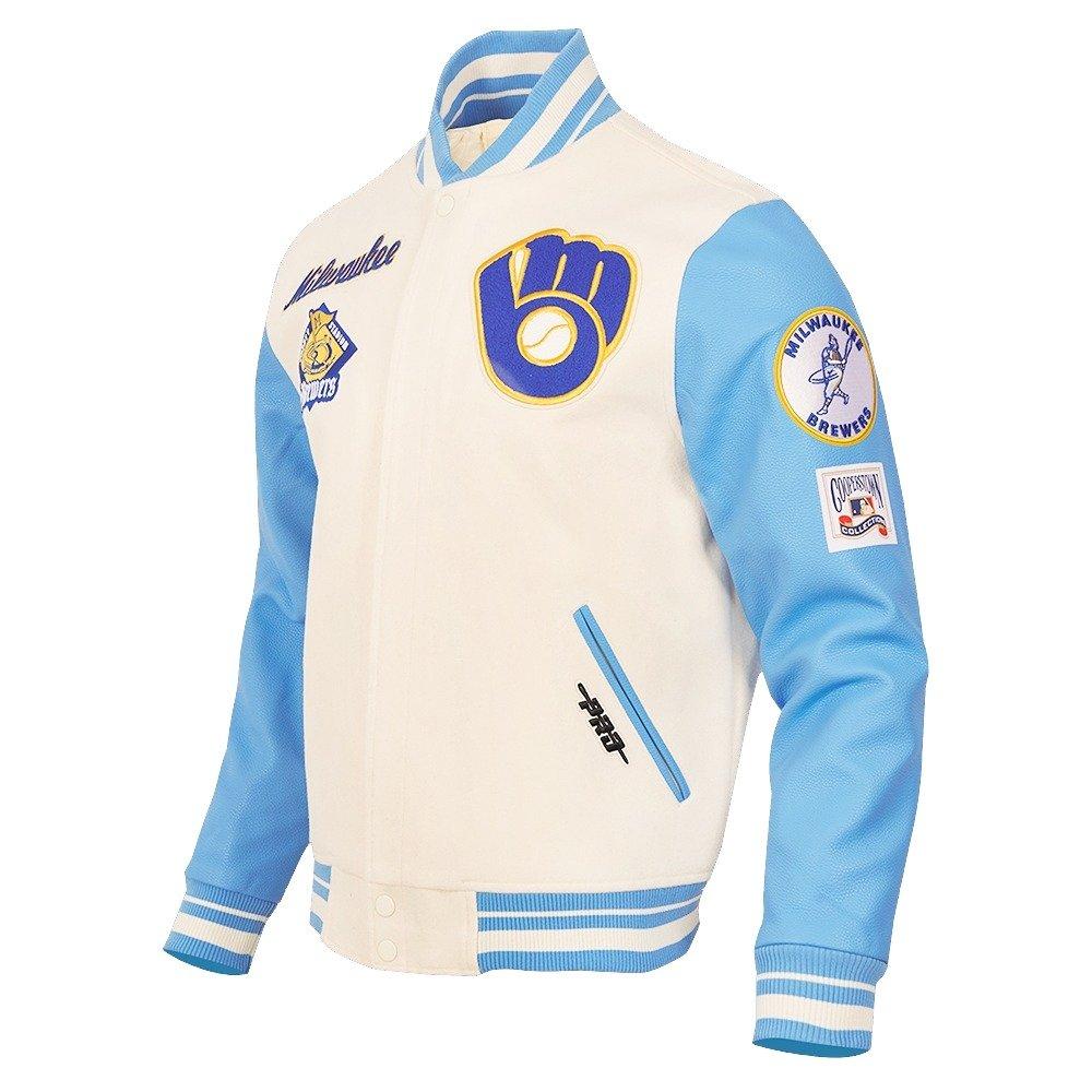 Pro Standard Men's MLB Milwaukee Brewers Retro Classic Rib Wool Varsity Jacket -Eggshell/Blue - EGGSHELL/BLUE Thumbnail View 3