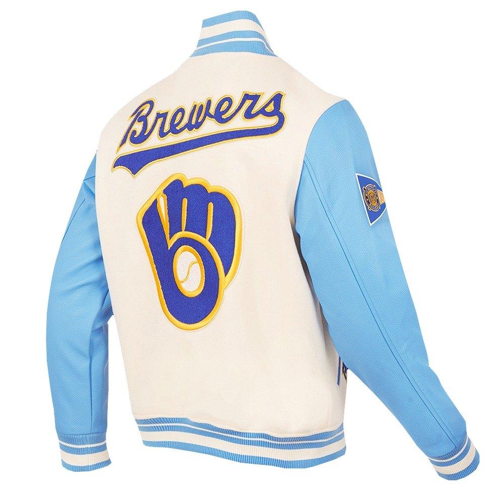 Pro Standard Men's MLB Milwaukee Brewers Retro Classic Rib Wool Varsity Jacket -Eggshell/Blue - EGGSHELL/BLUE Thumbnail View 4