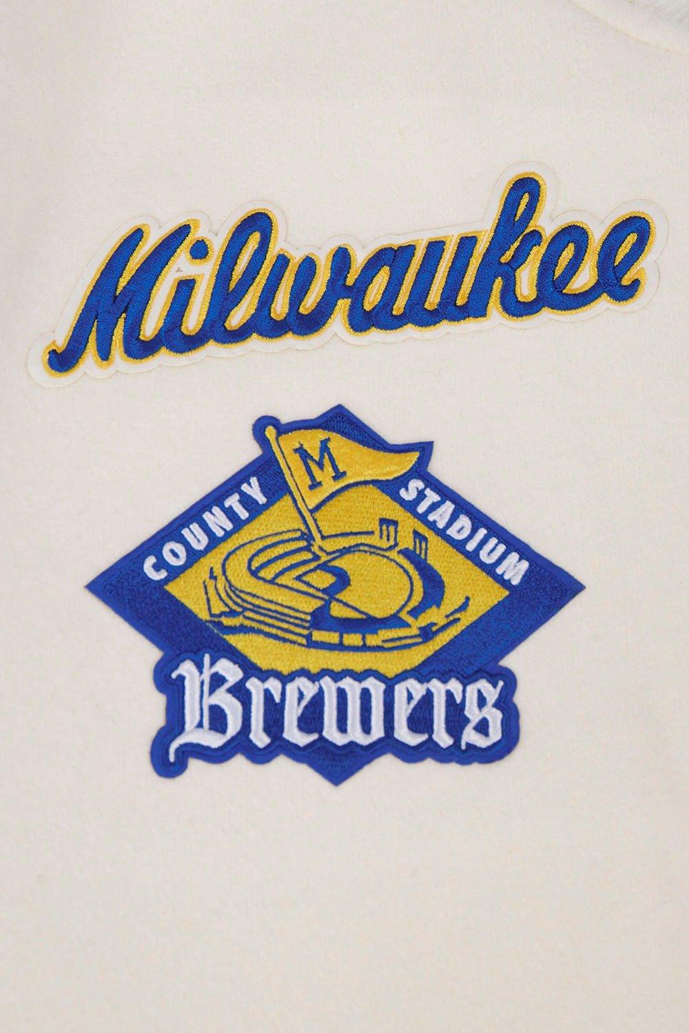 Pro Standard Men's MLB Milwaukee Brewers Retro Classic Rib Wool Varsity Jacket -Eggshell/Blue - EGGSHELL/BLUE Thumbnail View 6