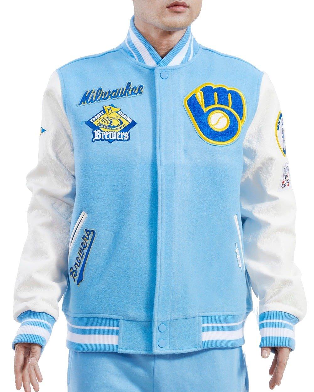 Pro Standard Men's MLB Milwaukee Brewers Retro Classic Rib Wool Varsity Jacket - Blue/White - BLUE/WHITE Thumbnail View 1