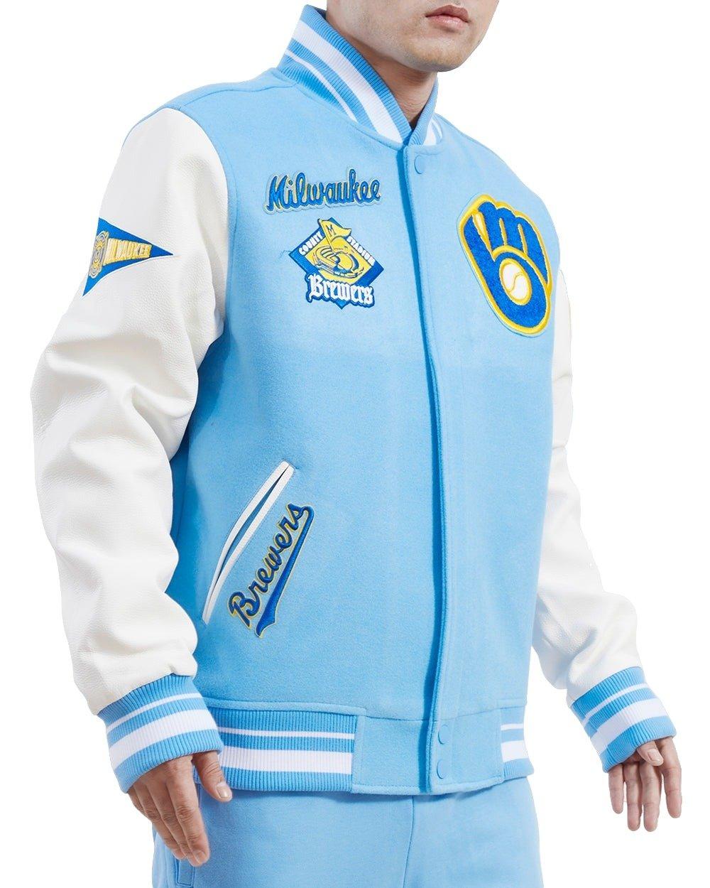 Pro Standard Men's MLB Milwaukee Brewers Retro Classic Rib Wool Varsity Jacket -Blue/White - BLUE/WHITE Thumbnail View 3
