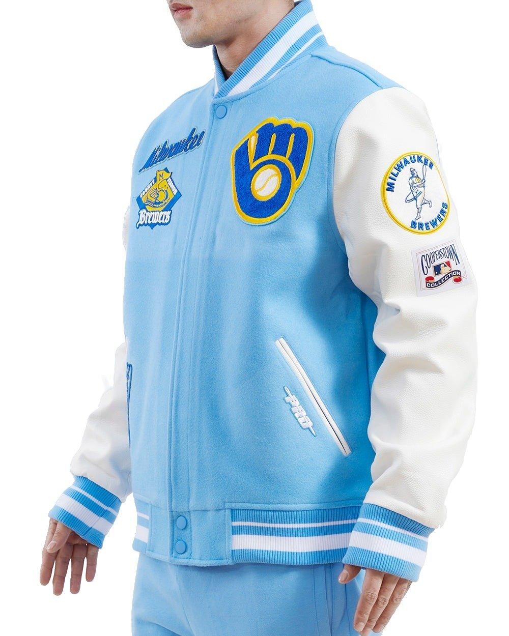 Pro Standard Men's MLB Milwaukee Brewers Retro Classic Rib Wool Varsity Jacket - Blue/White - BLUE/WHITE Thumbnail View 4
