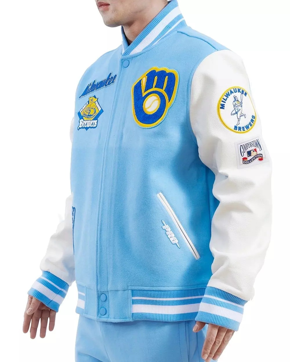 Pro Standard Men's MLB Milwaukee Brewers Retro Classic Rib Wool Varsity Jacket -Blue/White - BLUE/WHITE