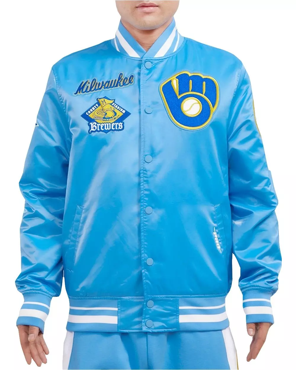 Pro Standard Men's MLB Milwaukee Brewers Retro Classic Rib Satin Jacket -Blue - BLUE
