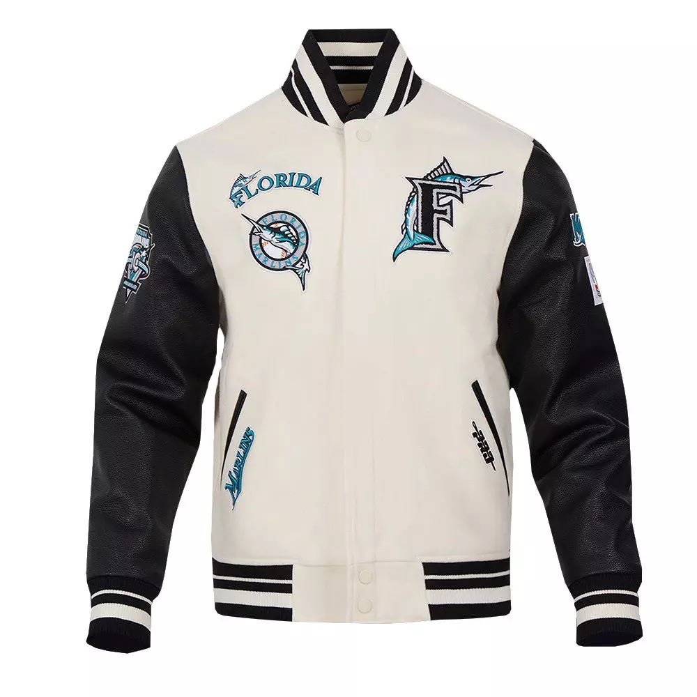 Pro Standard Men's MLB Miami Marlins Retro Classic Rib Wool Varsity Jacket -Eggshell/Black - EGGSHELL/BLACK