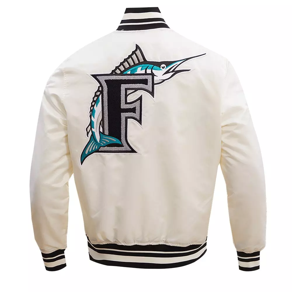 Pro Standard Men's MLB Miami Marlins Retro Classic Rib Satin Jacket -Eggshell/Black - EGGSHELL/BLACK