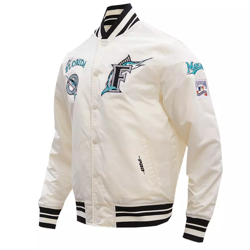Pro Standard Men's MLB Miami Marlins Retro Classic Rib Satin Jacket - Eggshell/Black - EGGSHELL/BLACK