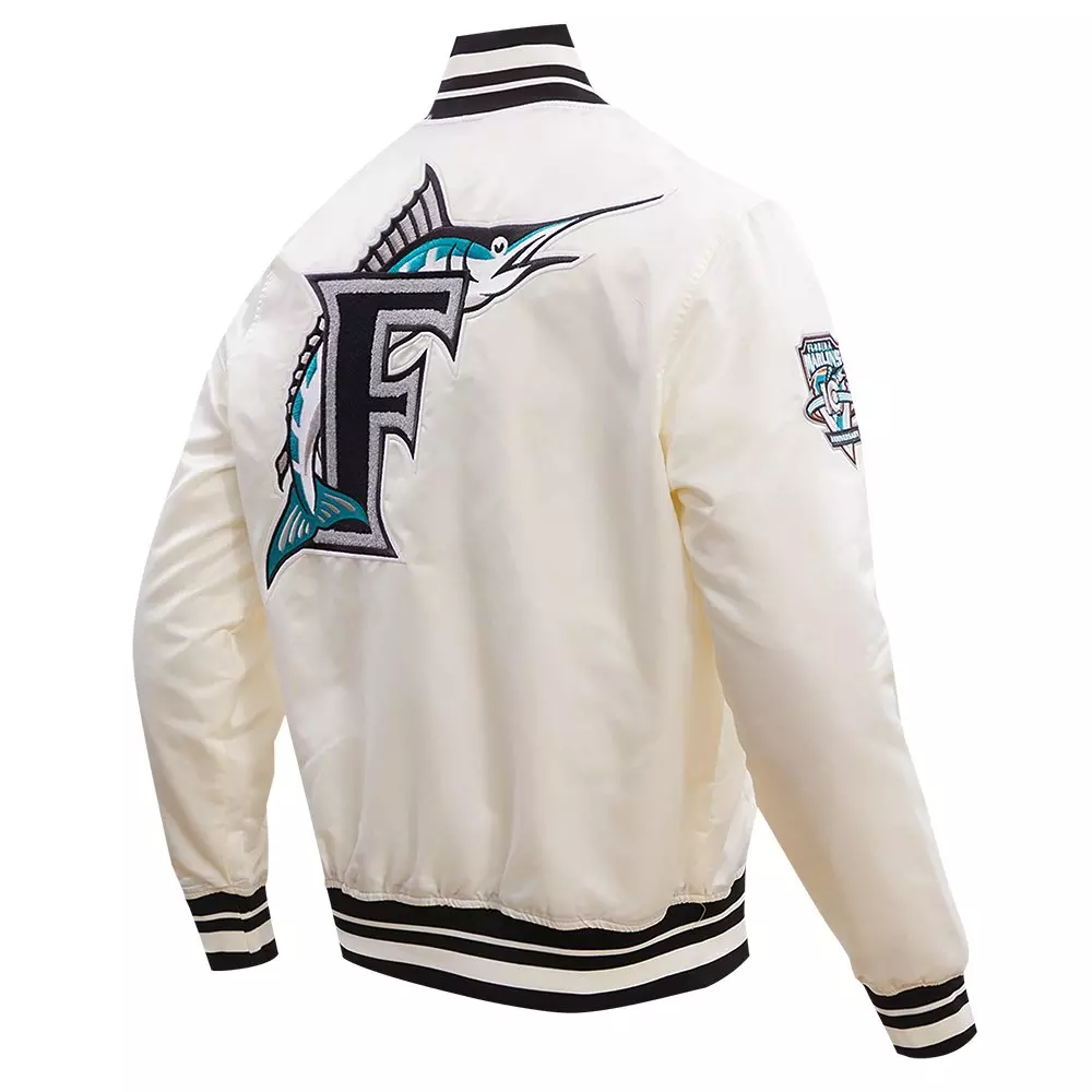 Pro Standard Men's MLB Miami Marlins Retro Classic Rib Satin Jacket - Eggshell/Black - EGGSHELL/BLACK