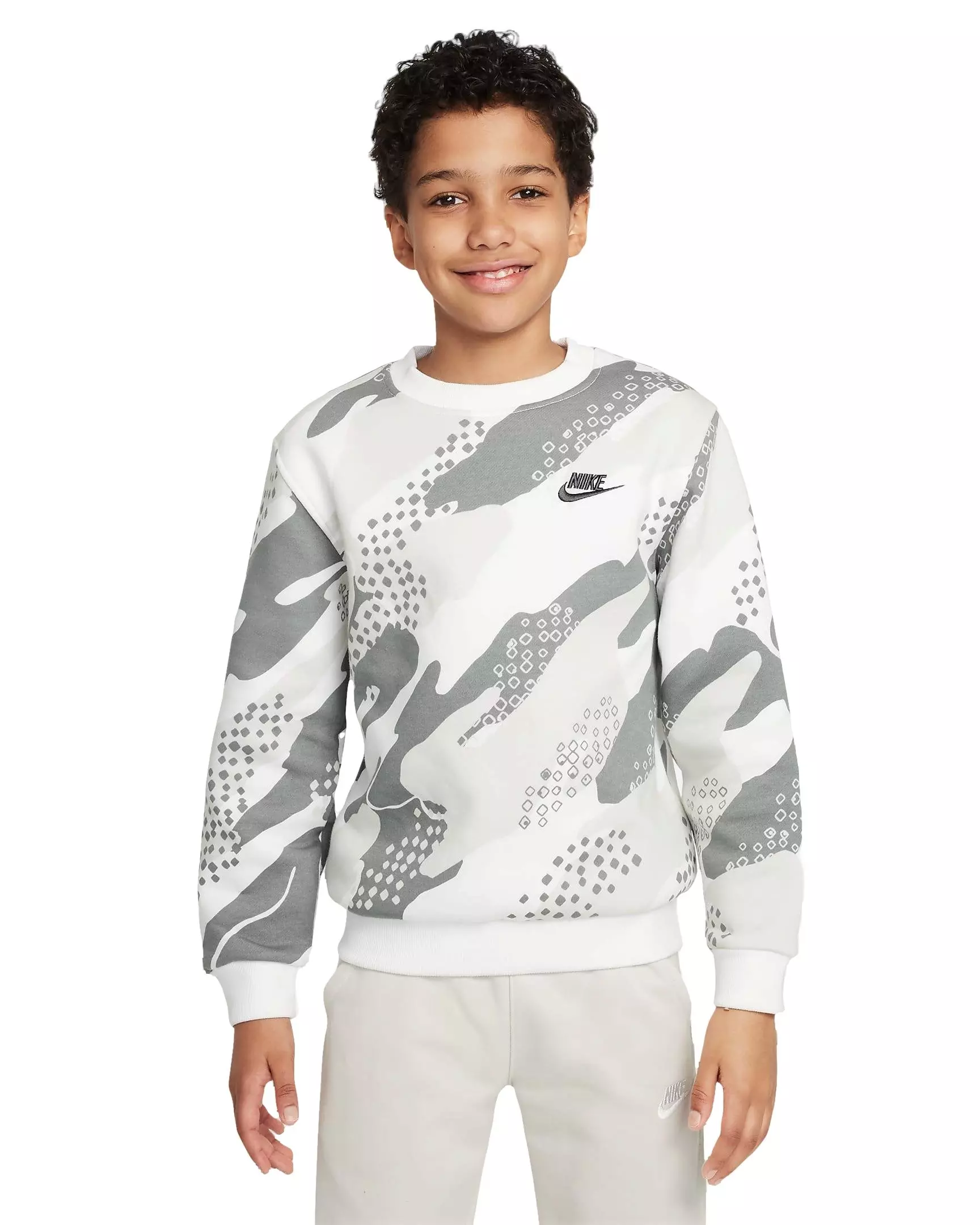 Nike Big Kids' Club Fleece HBR Camo Crewneck - Grey - GREY
