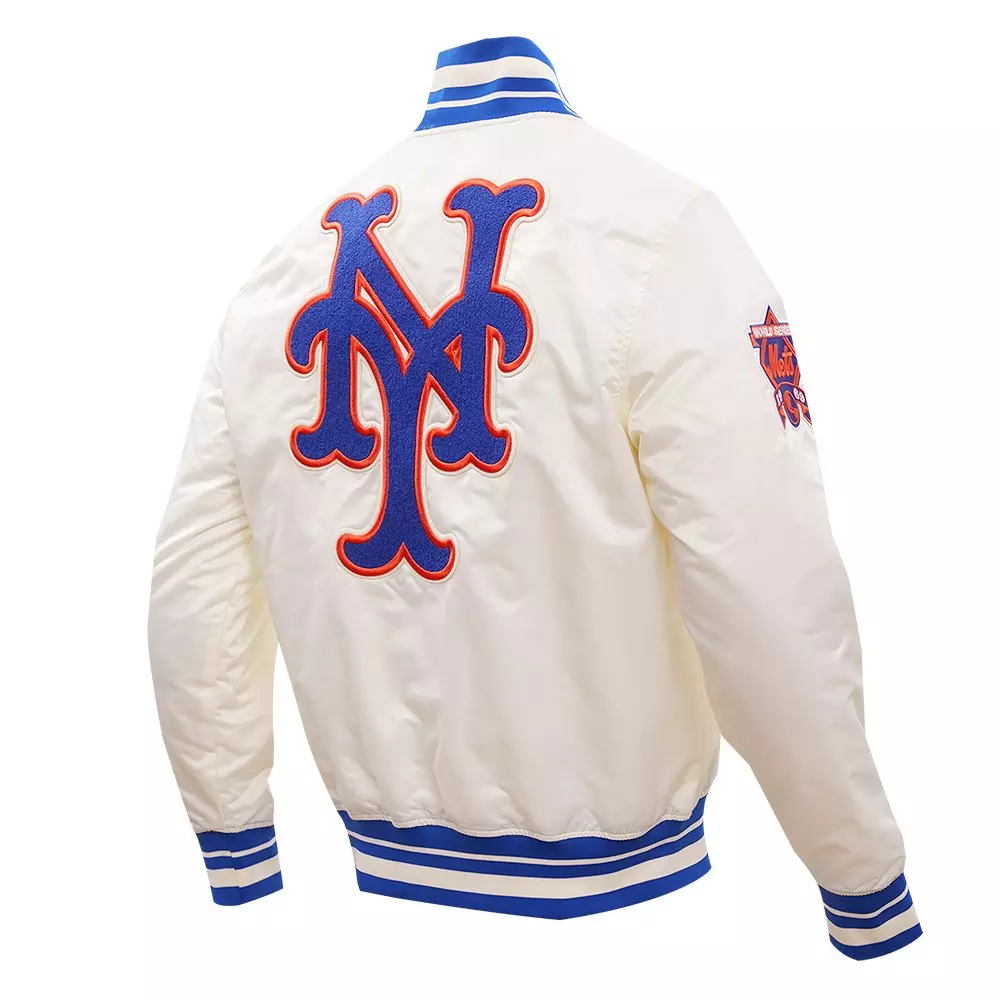 Pro Standard Men's MLB New York Mets Retro Classic Rib Satin Jacket -Eggshell/Blue - EGGSHELL/BLUE