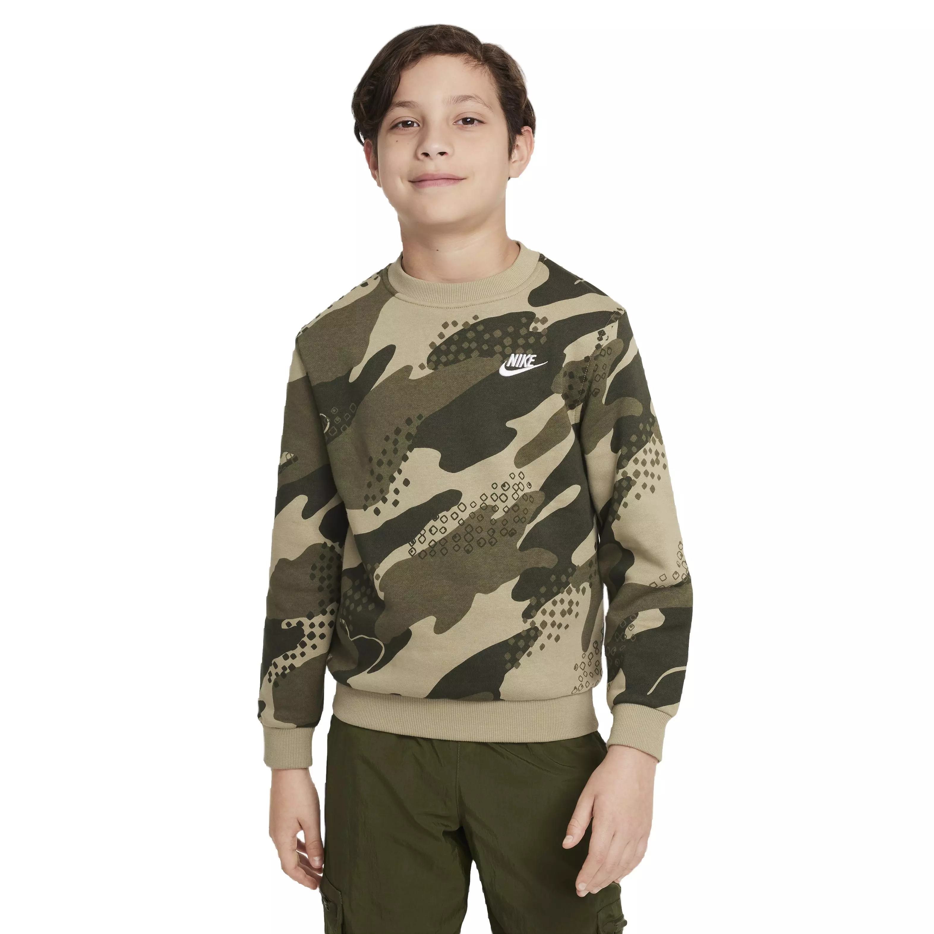 Nike Big Kids' Club Fleece HBR Camo Crewneck - Brown - BROWN