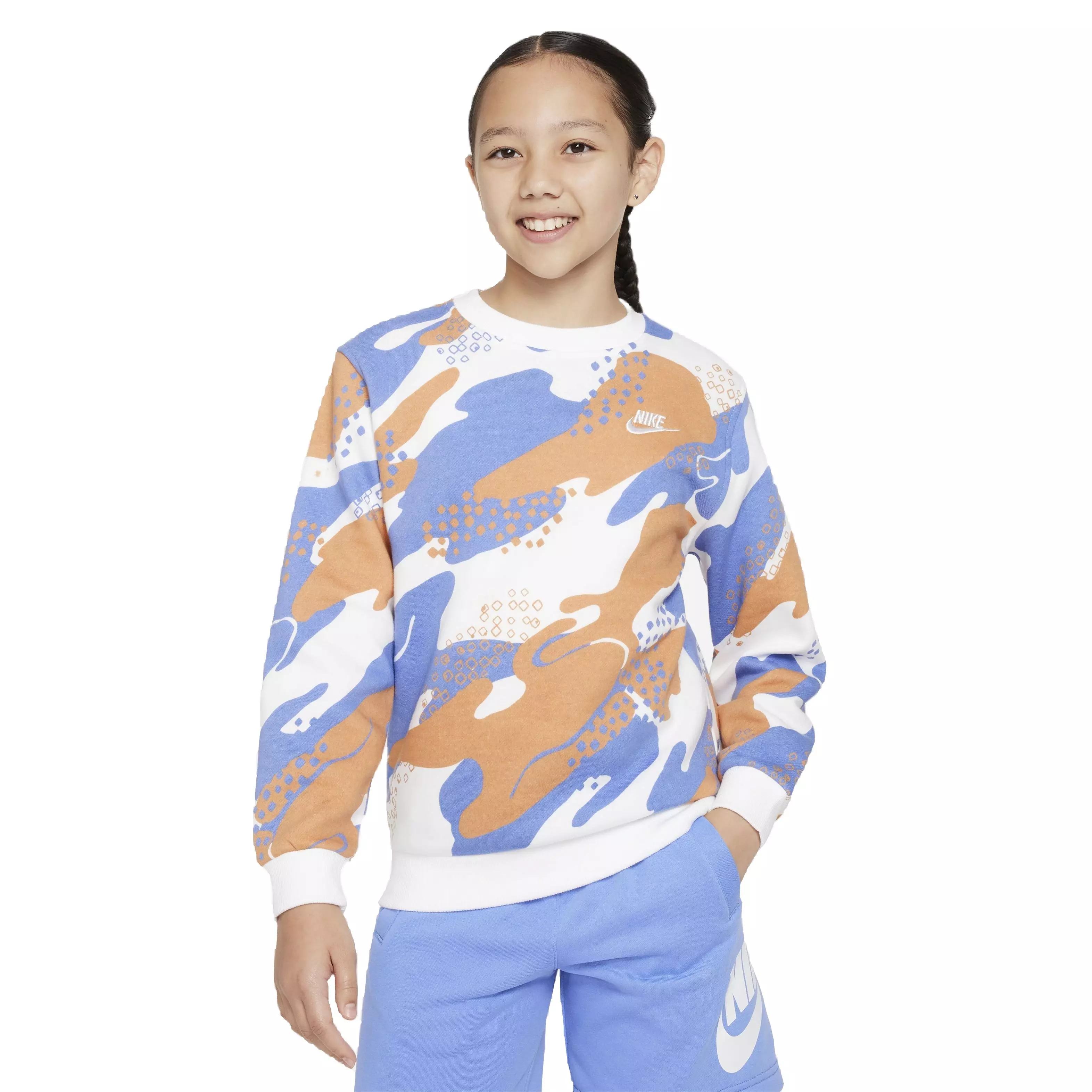 Nike Big Kids' Club Fleece HBR Camo Crewneck - Blue/Orange - BLUE/ORANGE