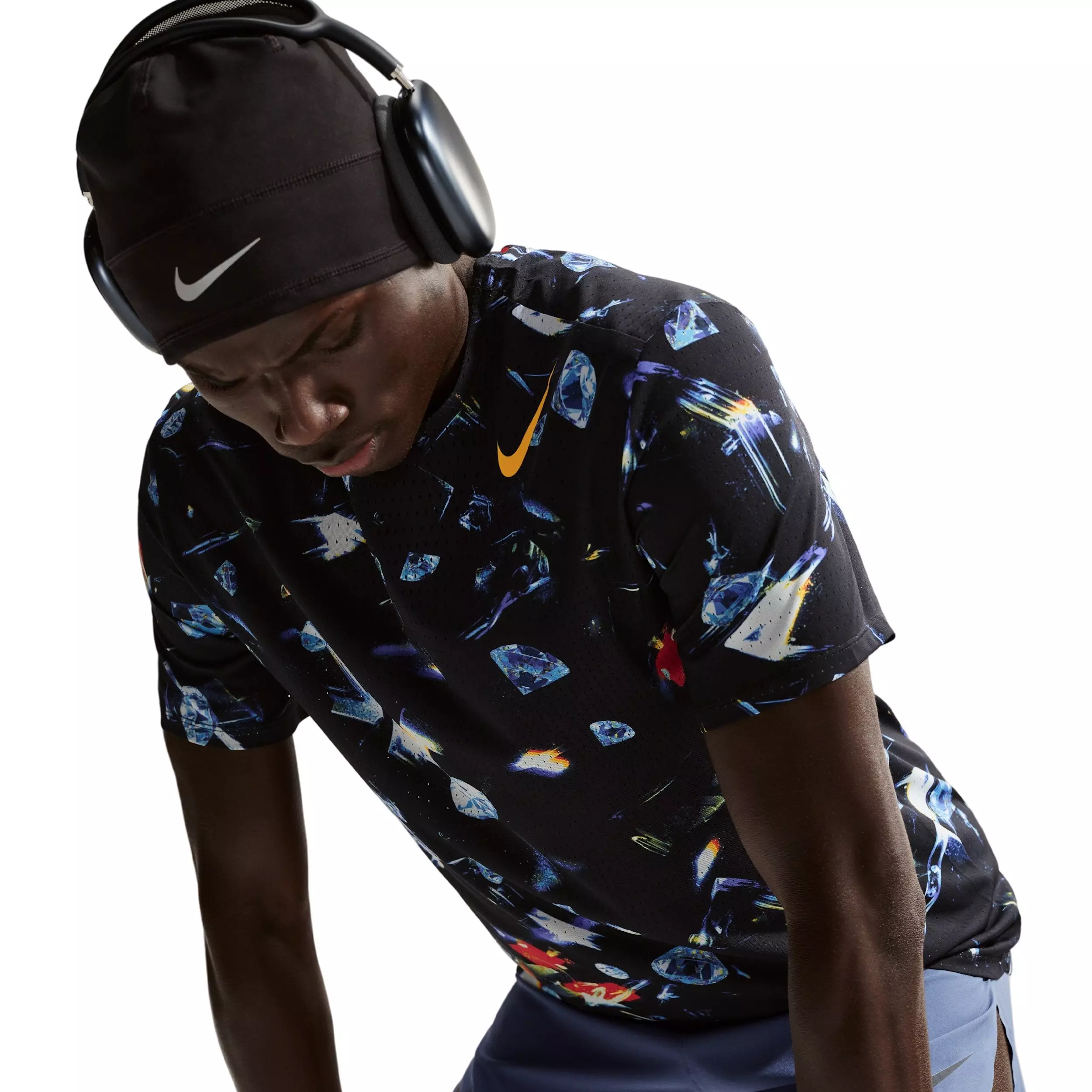 Nike Men's AeroSwift Dri-FIT AOP Short-Sleeve Top -Black - BLACK