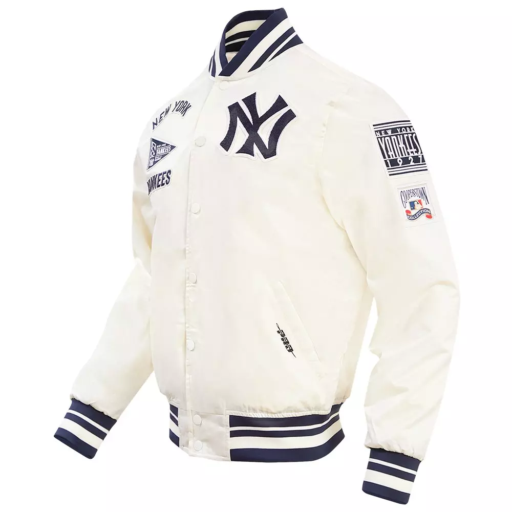 Pro Standard Men's MLB New York Yankees Retro Classic Rib Satin Jacket -Eggshell/Navy - EGGSHELL/NAVY