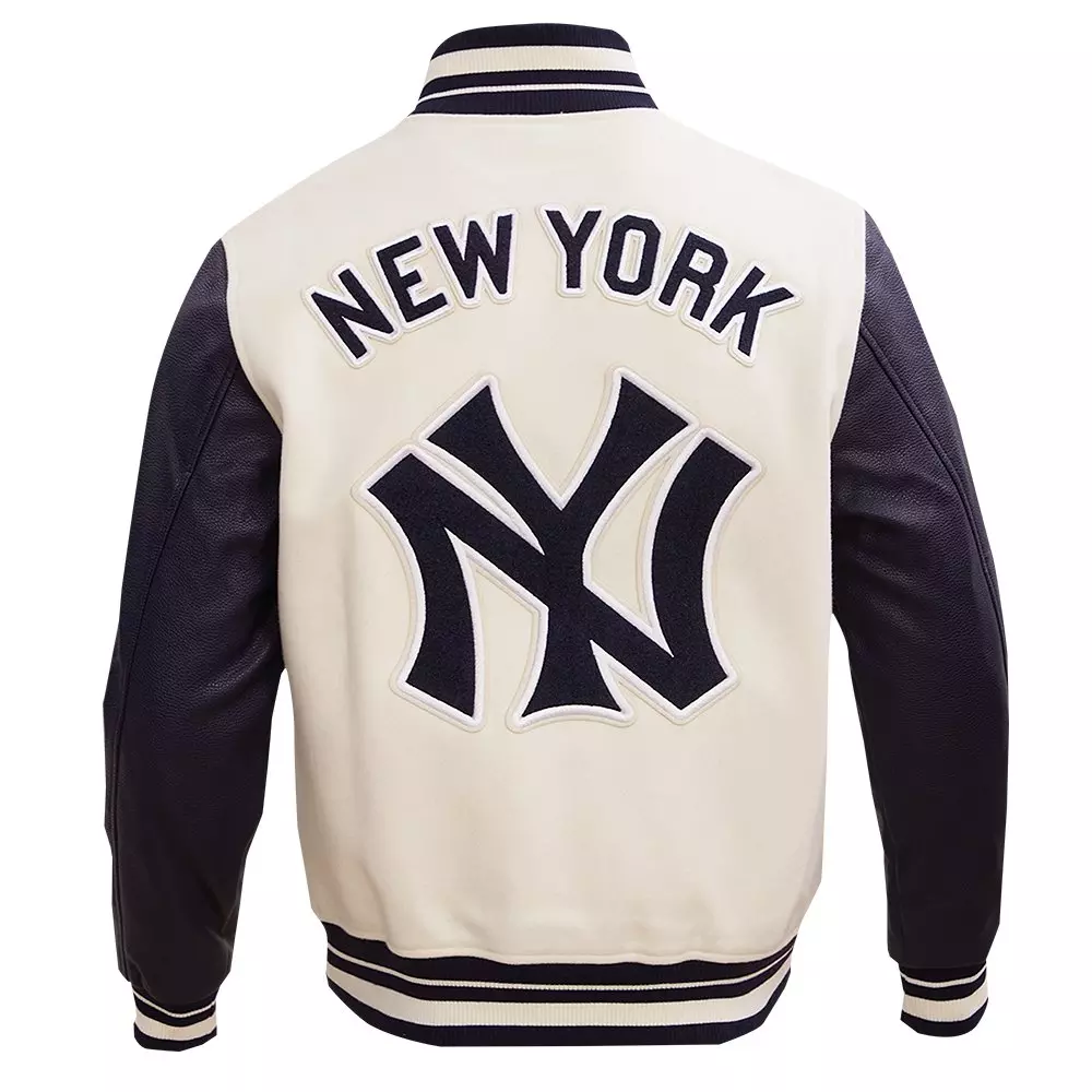 Pro Standard Men's MLB New York Yankees Retro Classic Rib Wool Varsity Jacket -Eggshell/Navy - EGGSHELL/NAVY
