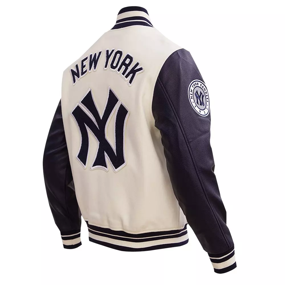 Pro Standard Men's MLB New York Yankees Retro Classic Rib Wool Varsity Jacket - Eggshell/Navy - EGGSHELL/NAVY