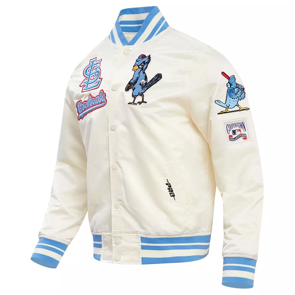 Pro Standard Men's MLB St. Louis Cardinals Retro Classic Rib Satin Jacket - Eggshell/Blue - EGGSHELL/BLUE