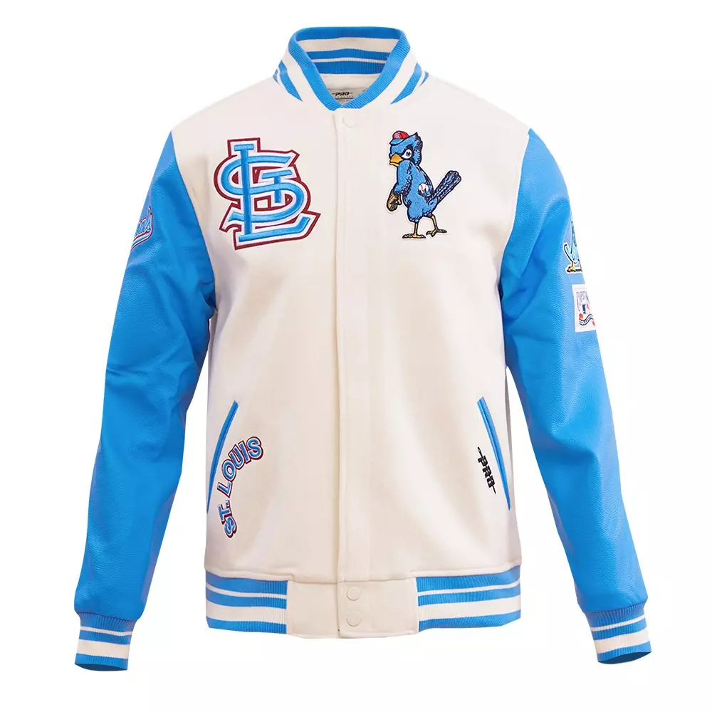 Pro Standard Men's MLB St. Louis Cardinals Retro Classic Rib Wool Varsity Jacket -Eggshell/Blue - EGGSHELL/BLUE