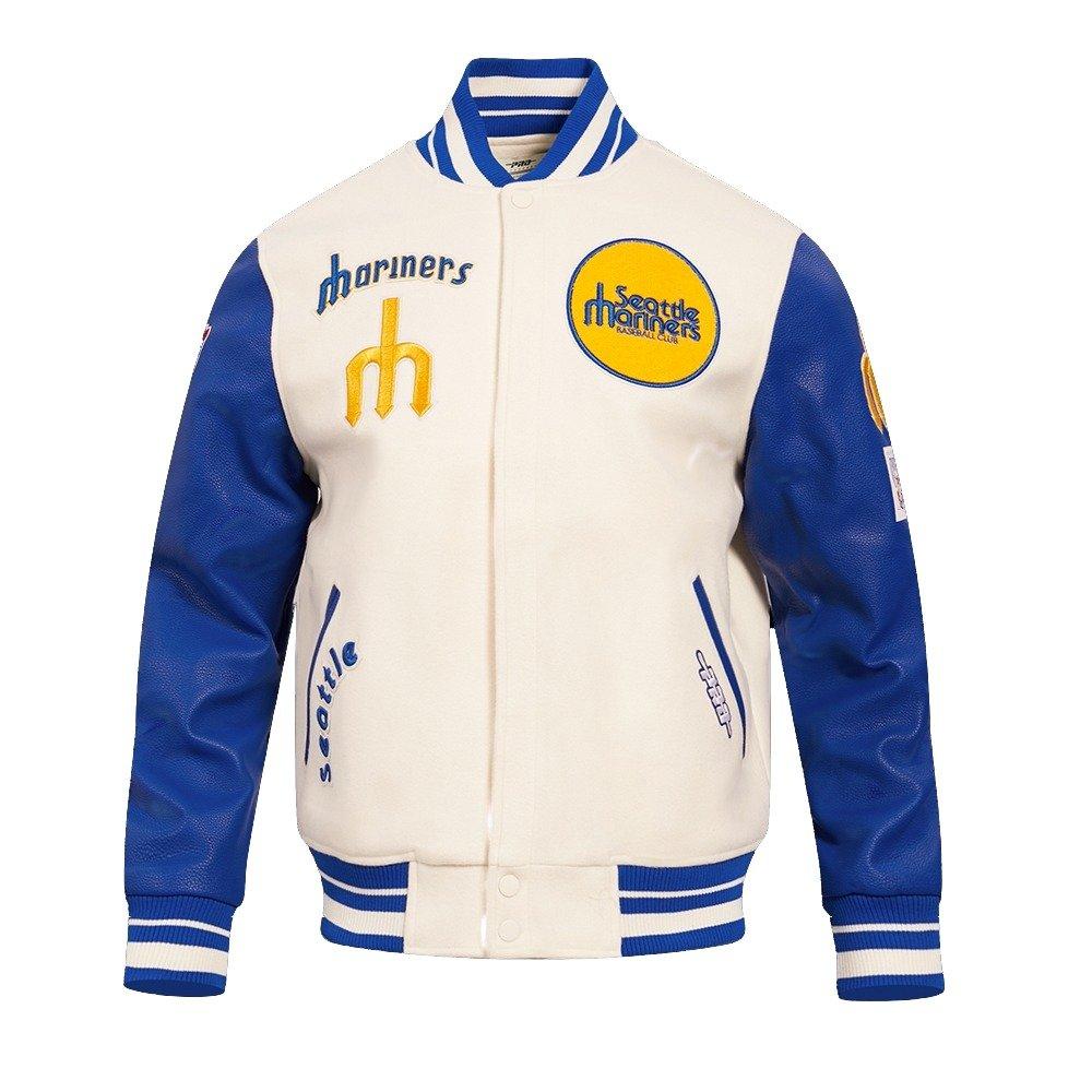 Pro Standard Men's MLB Seattle Mariners Retro Classic Rib Wool Varsity Jacket - Eggshell/Royal - EGGSHELL/ROYAL BLUE Thumbnail View 1