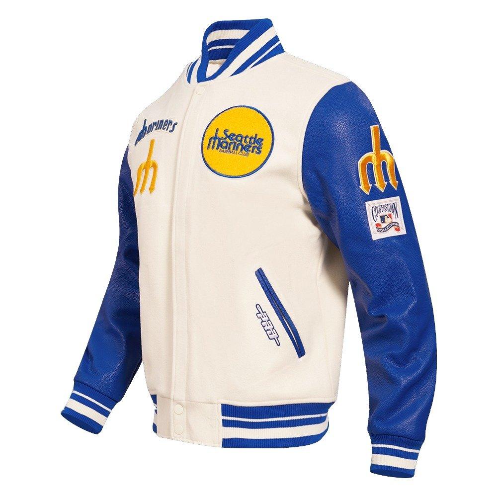 Pro Standard Men's MLB Seattle Mariners Retro Classic Rib Wool Varsity Jacket - Eggshell/Royal - EGGSHELL/ROYAL BLUE Thumbnail View 3