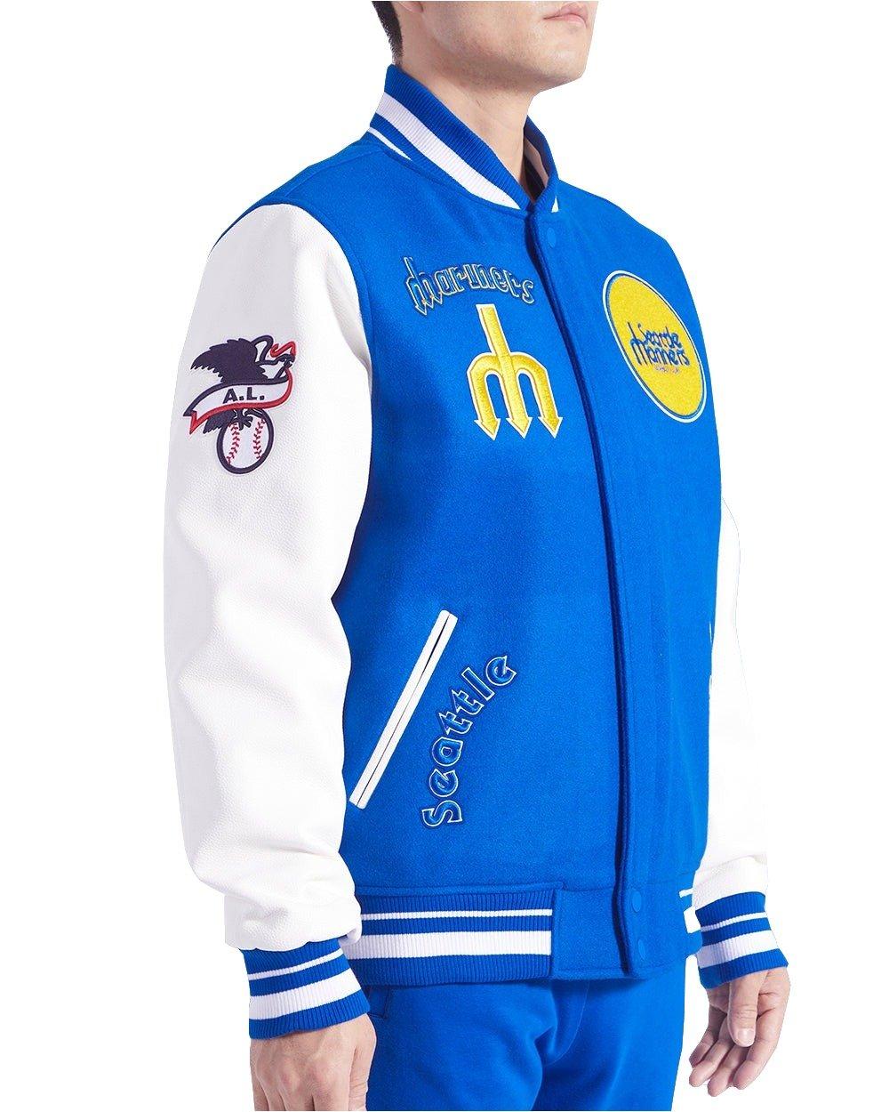 Pro Standard Men's MLB Seattle Mariners Retro Classic Rib Wool Varsity Jacket - Royal/White - ROYAL/WHITE Thumbnail View 4