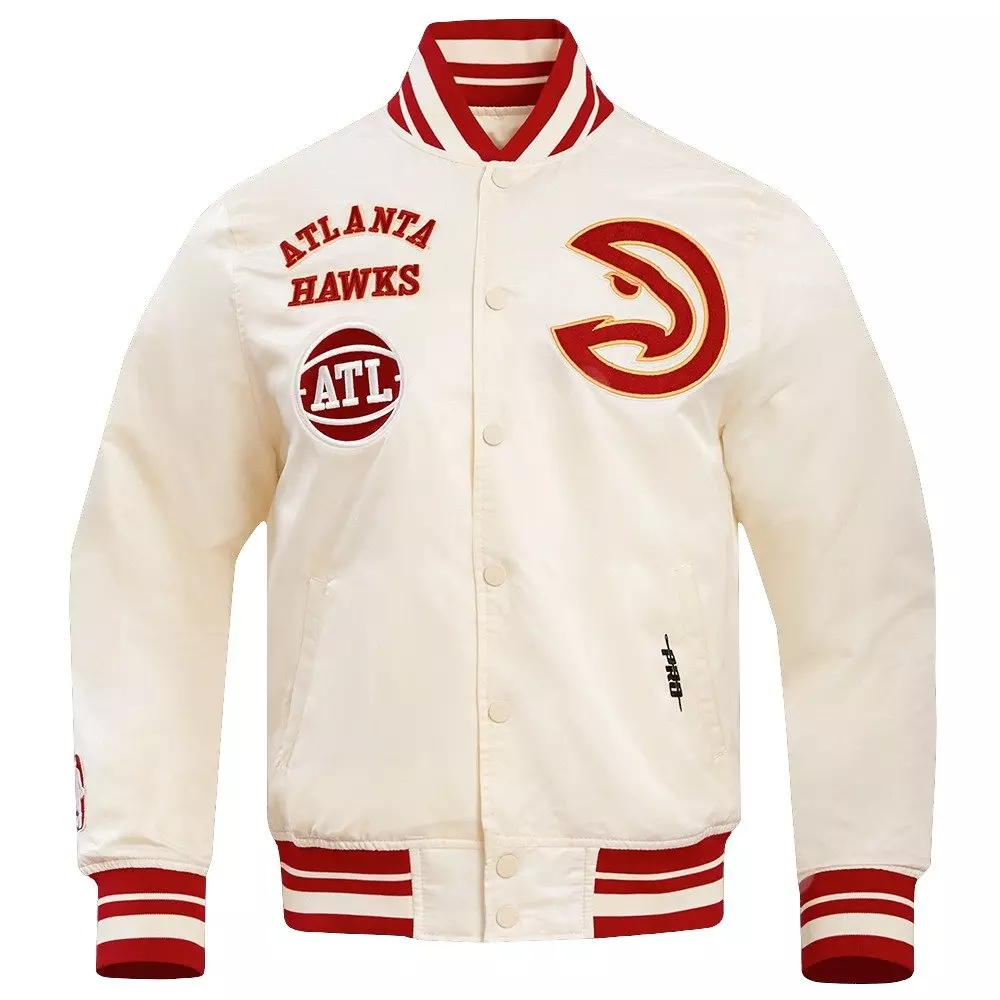 Pro Standard Men's NBA Atlanta Hawks Retro Classic Rib Satin Jacket -Eggshell/Red - EGGSHELL/RED