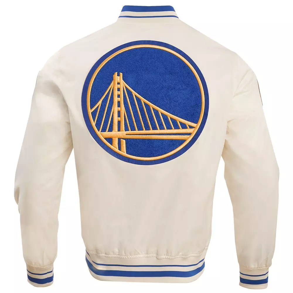 Pro Standard Men's NBA Golden State Warriors Retro Classic Rib Satin Jacket -Eggshell/Royal - EGGSHELL/ROYAL BLUE