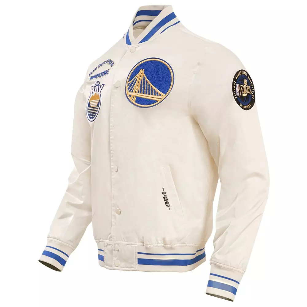 Pro Standard Men's NBA Golden State Warriors Retro Classic Rib Satin Jacket -Eggshell/Royal - EGGSHELL/ROYAL BLUE
