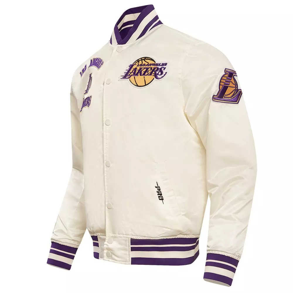 Pro Standard Men's NBA Los Angeles Lakers Retro Classic Rib Satin Jacket - Eggshell/Purple - EGGSHELL/PURPLE